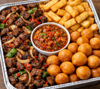 Asun with Fried Yam & Sauce (Puff Puff Tray)