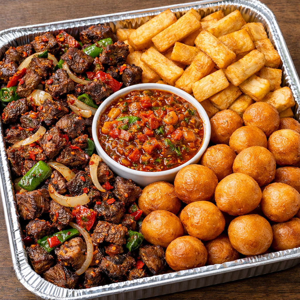 Asun with Fried Yam & Sauce (Puff Puff Tray)
