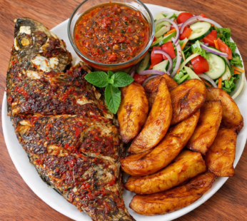 Grilled Tilapia or Catfish with Plantain, Yam or Chips, Pepper Sauce & Salad