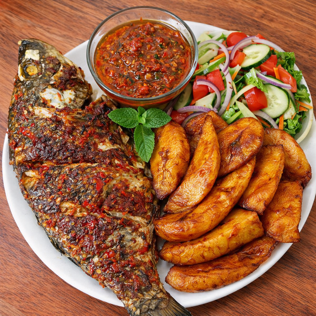 Grilled Tilapia or Catfish with Plantain, Yam or Chips, Pepper Sauce & Salad