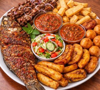Suya Sticks with Fried Yam, Grilled Plantain & Pepper Sauce